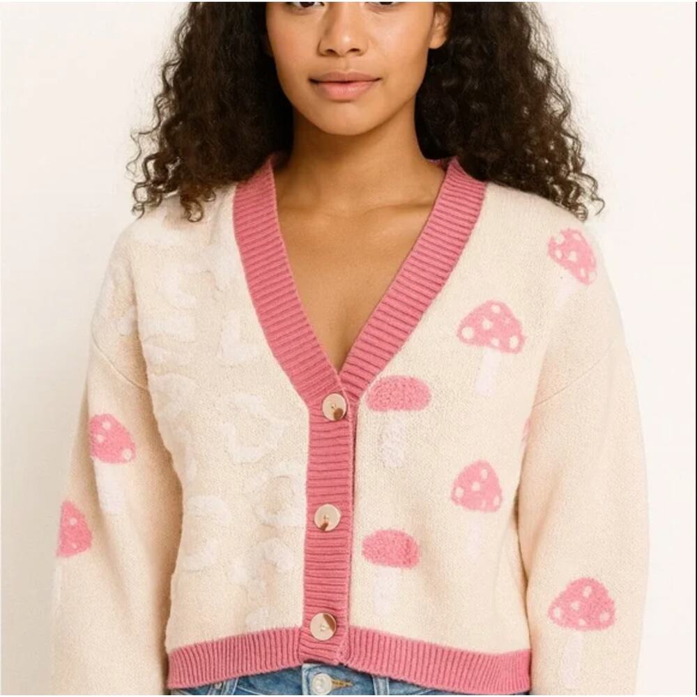 Simply Southern Cardigan Womens Large Cream Pink Mushroom Textured Logo Knit